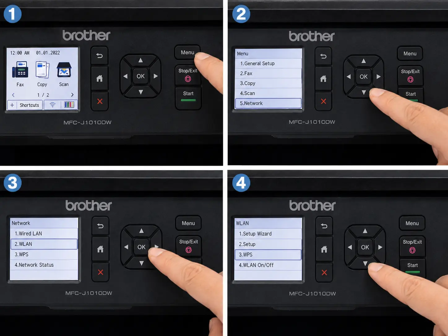 On the Brother printer control panel, navigate to Menu → Network → WLAN → WPS